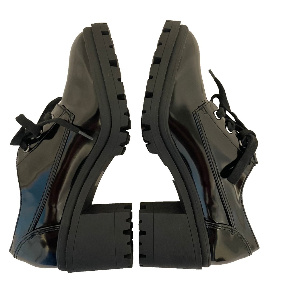 Jelly Pop Black Women's Patent Leather Chunky Heel Lace-Up Shoes - Size 8